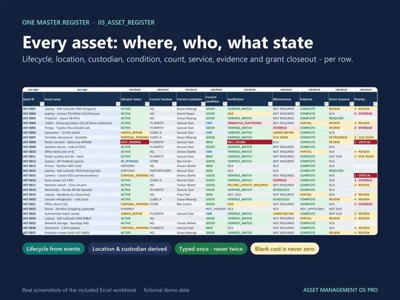 Nonprofit asset register in Excel showing lifecycle status, current location, custodian, condition, verification, maintenance, evidence and grant closeout per asset