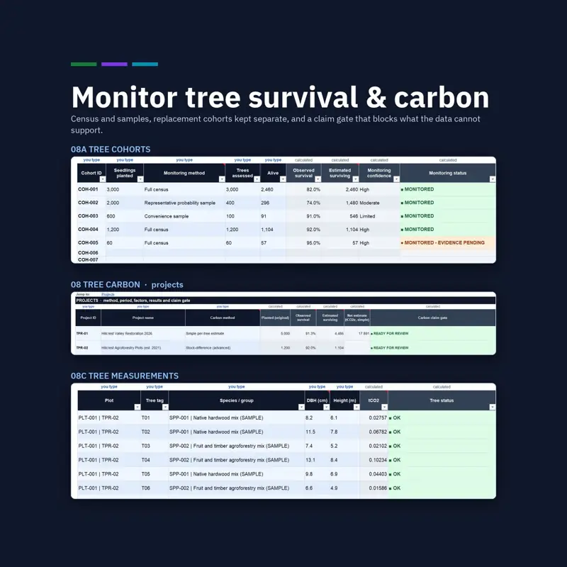 Tree cohort survival checks, tree project net carbon estimates with claim gate, and tree measurements with diameter and height