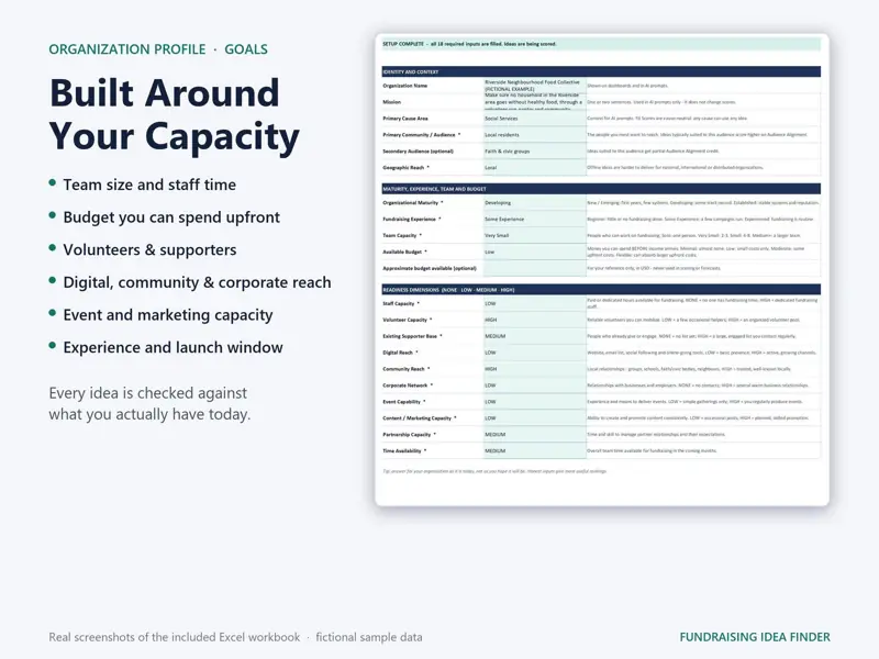 Built around your capacity: profile inputs for team size, budget, volunteers, digital, community and corporate reach, event capacity and launch window.