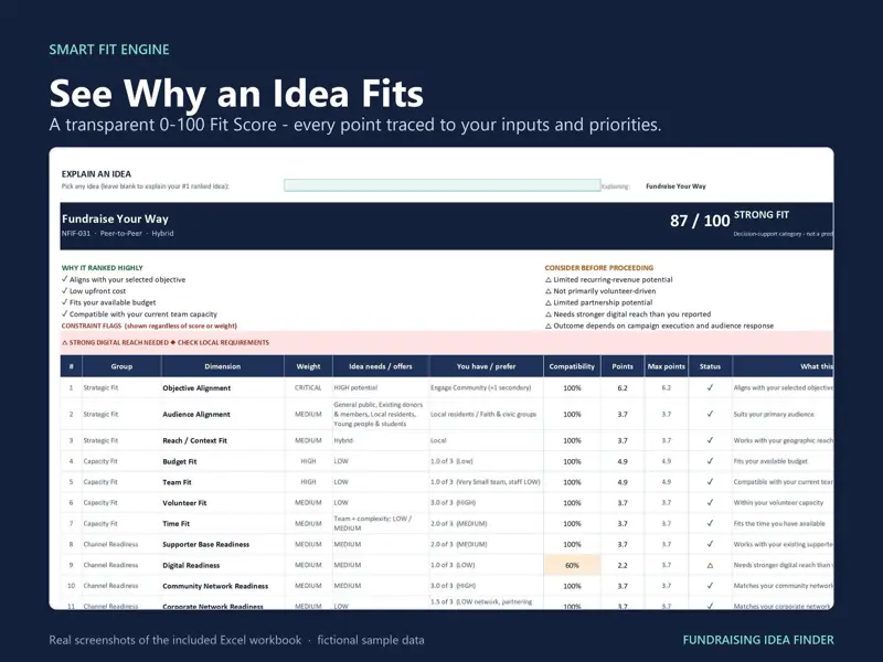 Transparent 0 to 100 Fit Score: the Smart Fit Engine explains line by line why an idea fits, with each dimension's weight, points and status.
