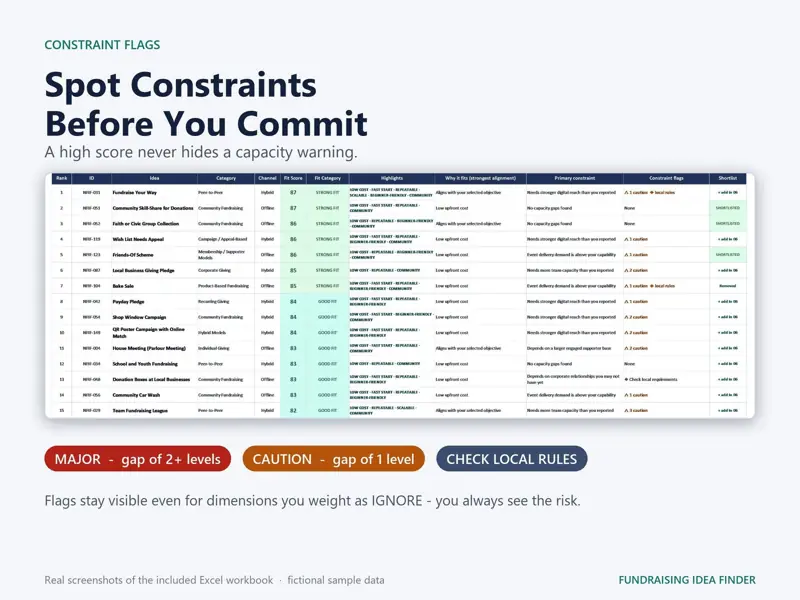 Constraint flags on the shortlist: major and caution warnings stay visible even on high-scoring fundraising ideas, plus check local rules flags.