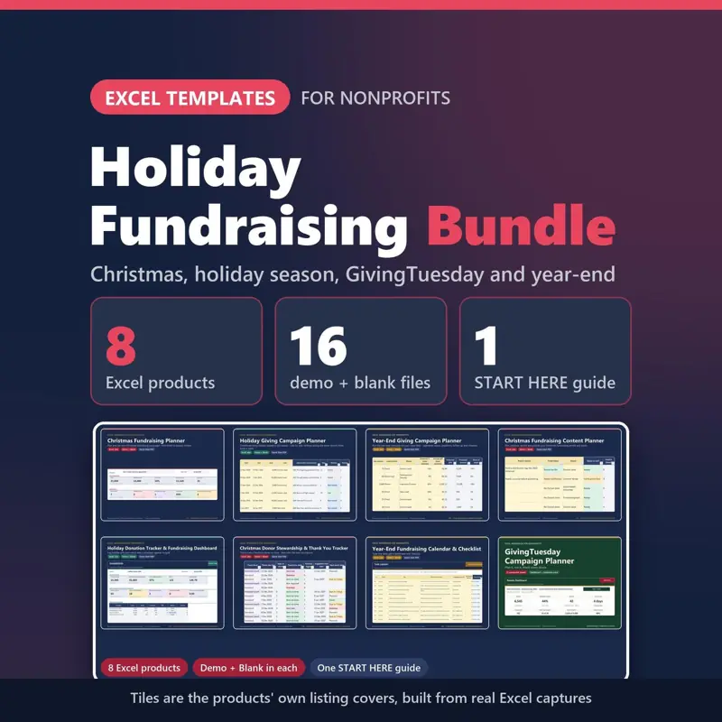 Holiday Fundraising Bundle of 8 Excel templates for nonprofits: covers of the included planners, built from real Excel captures, with 16 demo + blank files and 1 START HERE guide (fictional sample data).