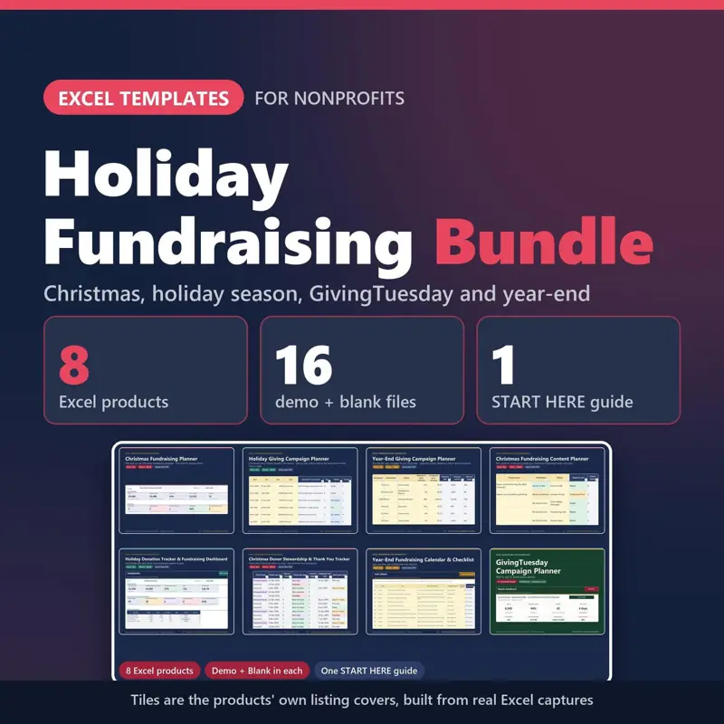 Holiday Fundraising Bundle of 8 Excel templates for nonprofits: covers of the included planners, built from real Excel captures, with 16 demo + blank files and 1 START HERE guide (fictional sample data).