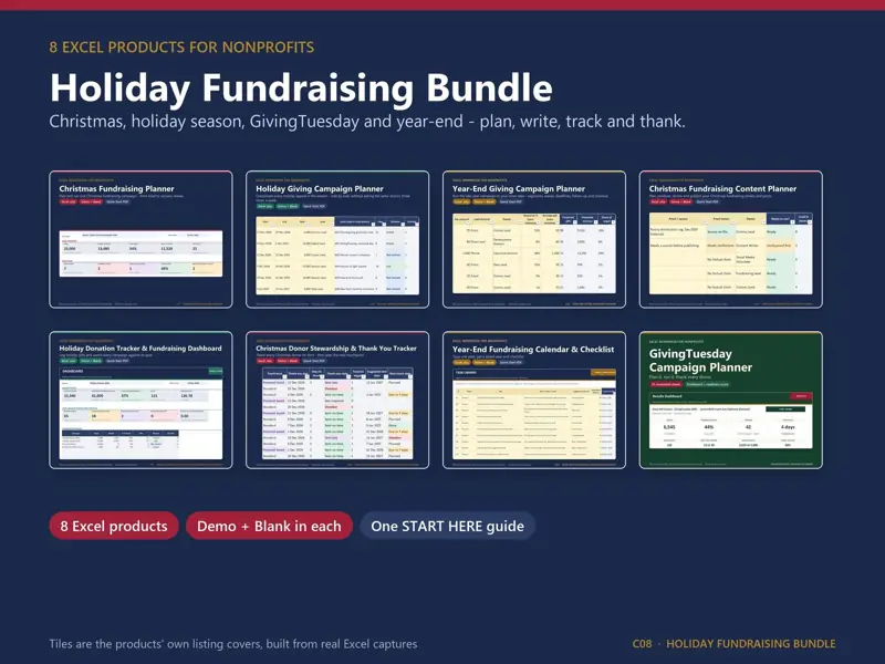 Holiday Fundraising Bundle for nonprofits: the listing covers of eight separate Excel products for Christmas, holiday season, GivingTuesday and year-end fundraising