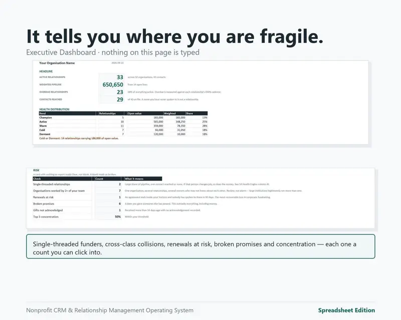 Executive dashboard showing nonprofit relationship risk counts