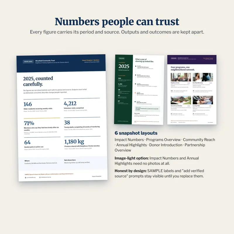 Impact snapshot templates showing sample metrics with reporting period and source, plus annual highlights and programs overview layouts
