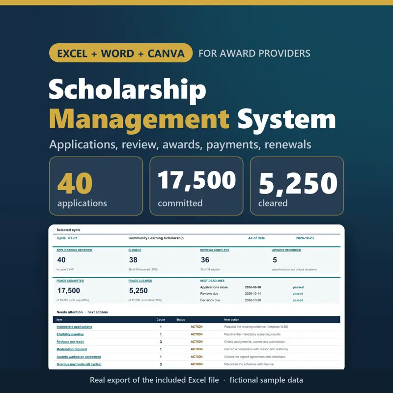 Control center of the included Excel workbook: 40 applications received, 38 eligible, 17,500 committed and 5,250 cleared in a fictional demo cycle.