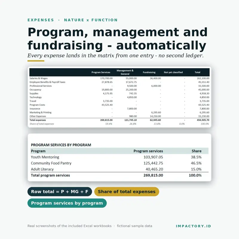 Statement of functional expenses splitting each expense category into program services, management and general and fundraising, plus program services by program