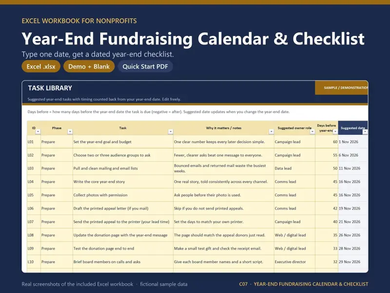 Year-End Fundraising Calendar & Checklist Excel template for nonprofits, showing the real Task Library sheet: one date drives the whole list - every task is dated by counting back from your year-end date