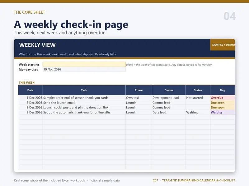 Weekly View sheet of the Year-End Fundraising Calendar & Checklist in Excel with fictional sample data: a weekly check-in page - this week, next week and anything overdue